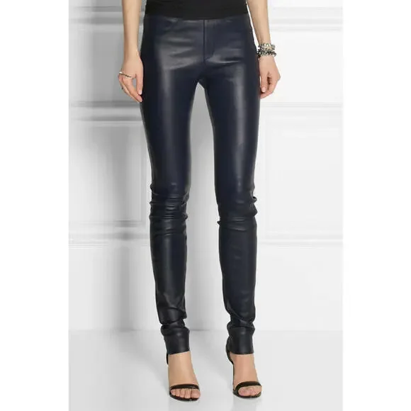 Helmut Lang Low Rise Leather Leggings w/ Side Panel Detail, Size 6, Retail $995